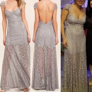 Lulus Evening Dreaming Light Grey Lace Maxi Dress